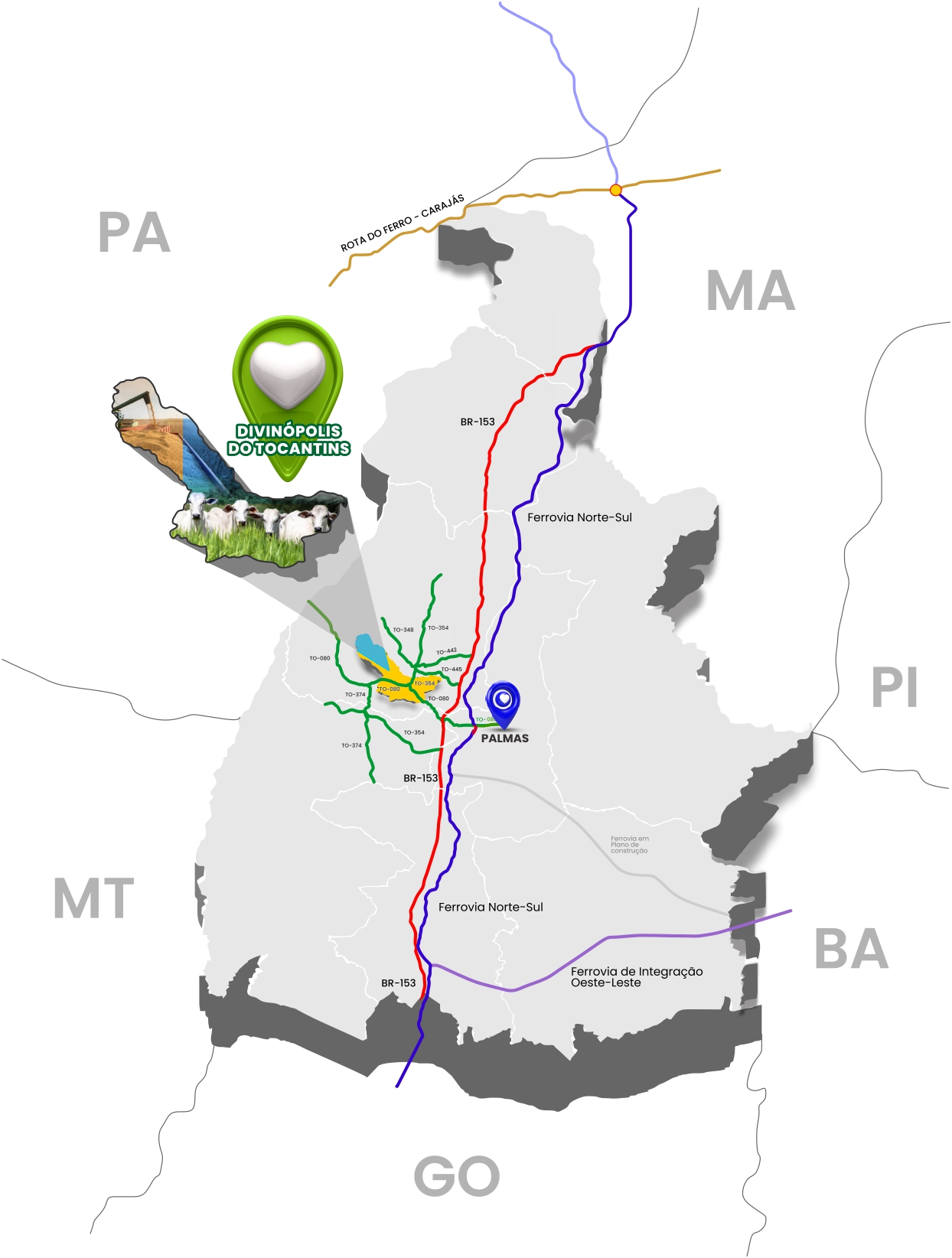 Mapa das conexões rodoviárias e ferroviárias de Divinópolis do Tocantins